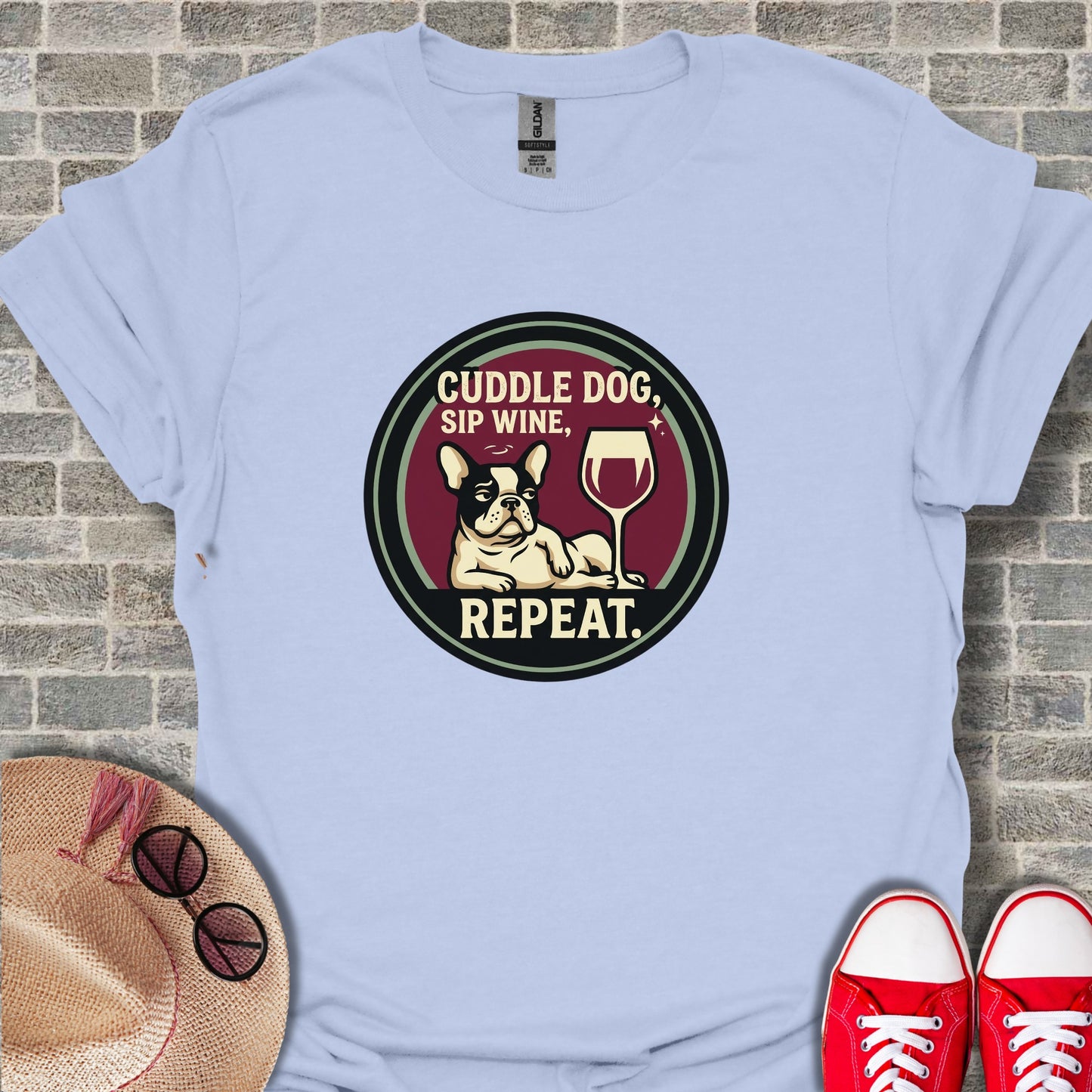 Cuddle Dog Sip Wine Repeat Graphic Print Shirt