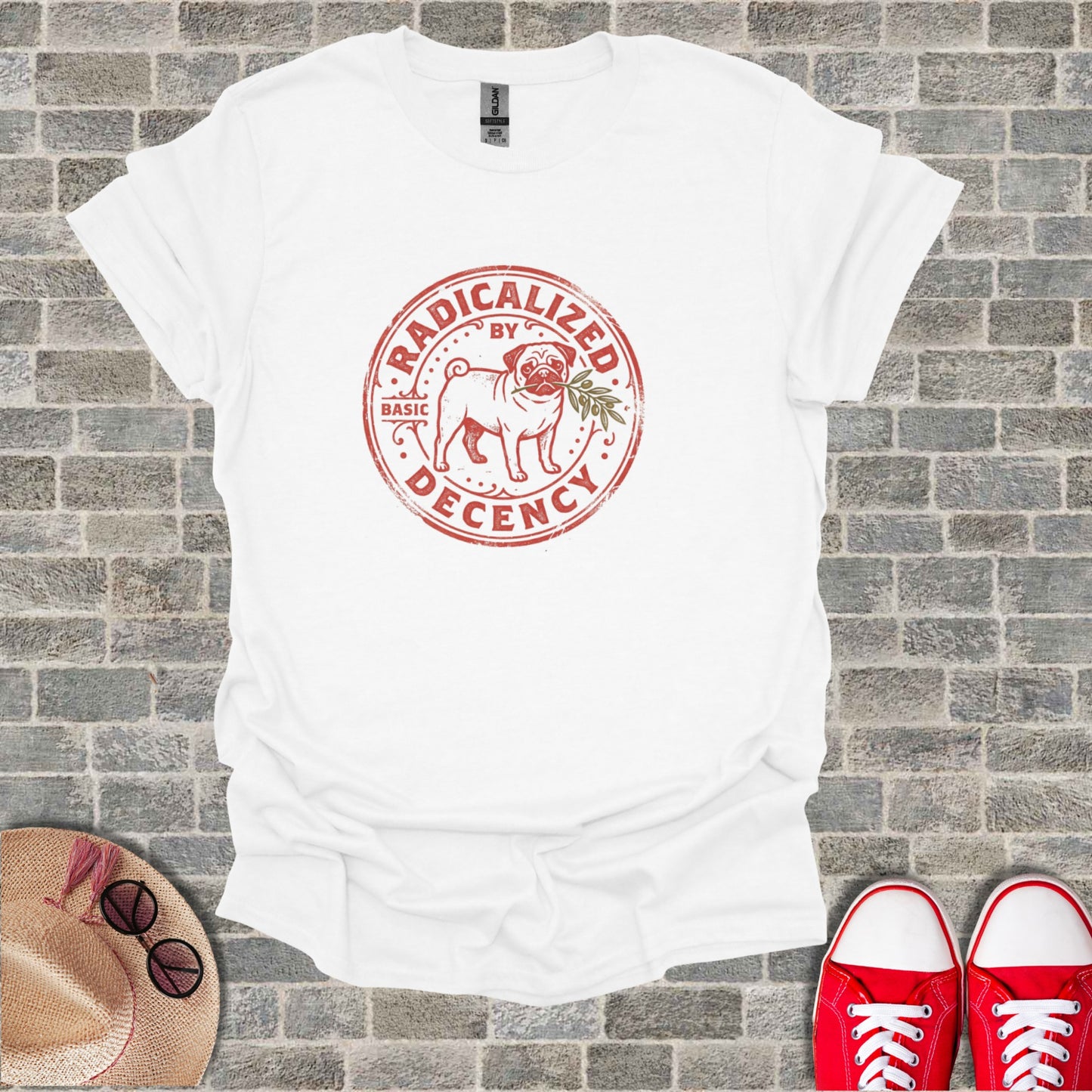 White t-shirt with a circular graphic featuring a pug and text.