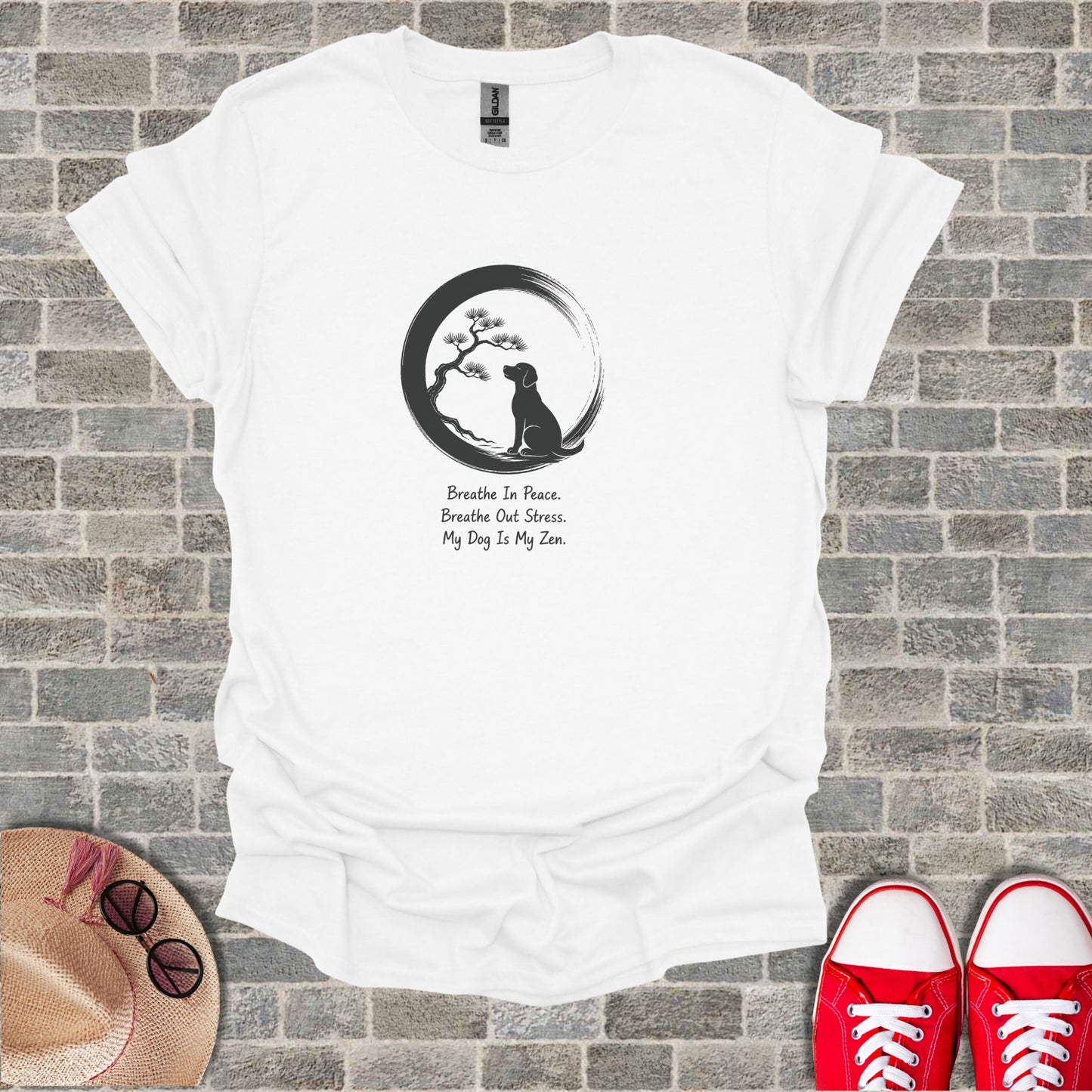 White t-shirt with dog and bonsai tree graphic, text "Breathe In Peace. Breathe Out Stress. My Dog Is My Zen."