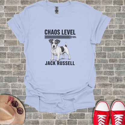 T-shirt with Jack Russell terrier graphic and "Chaos Level 110%" text.