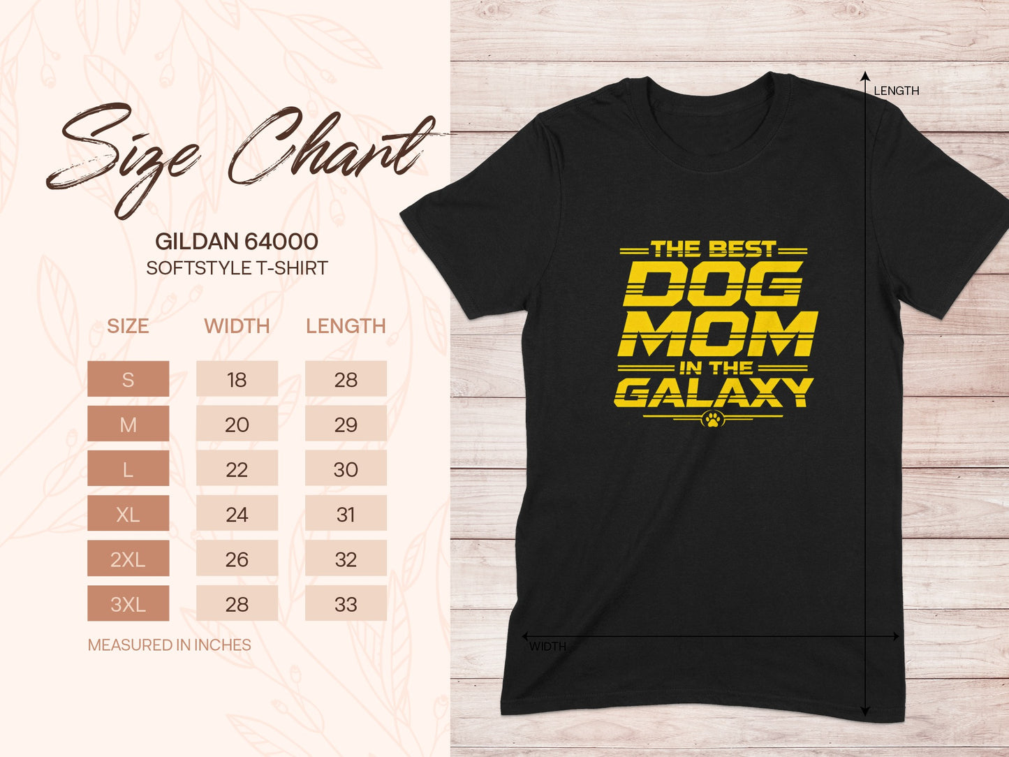 Black t-shirt with yellow "The Best Dog Mom in the Galaxy" graphic and size chart.