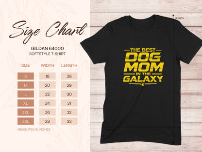 Black t-shirt with yellow "The Best Dog Mom in the Galaxy" graphic and size chart.