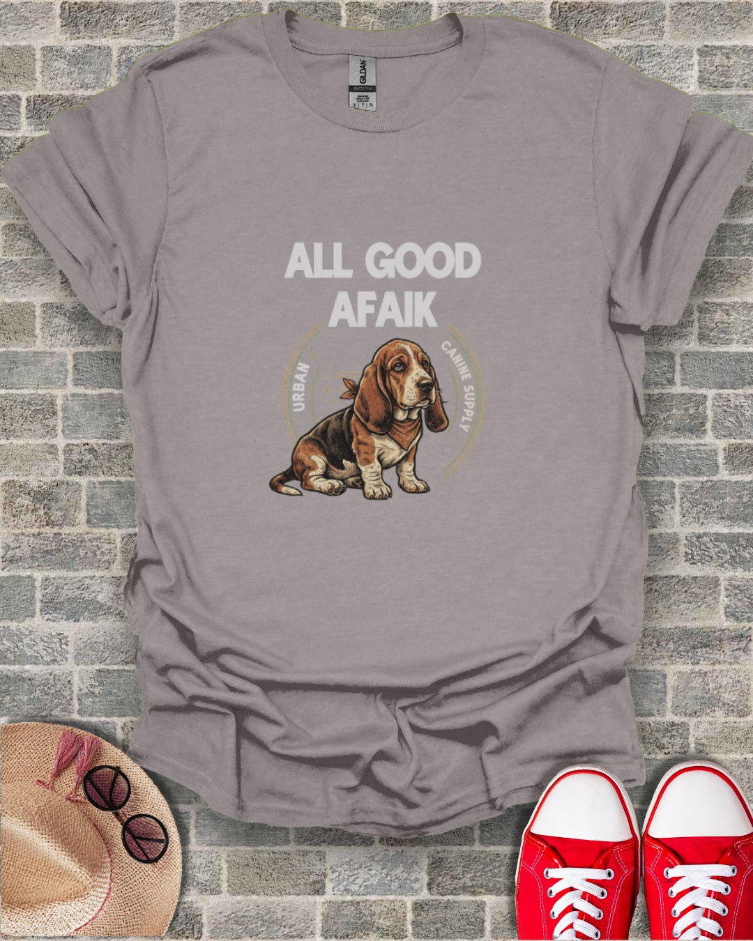 Basset hound wearing bandana, "All Good Afaik" text.
