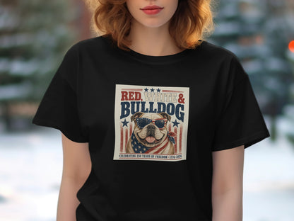 Black t-shirt with "Red, White & Bulldog" graphic celebrating 250 years of freedom.