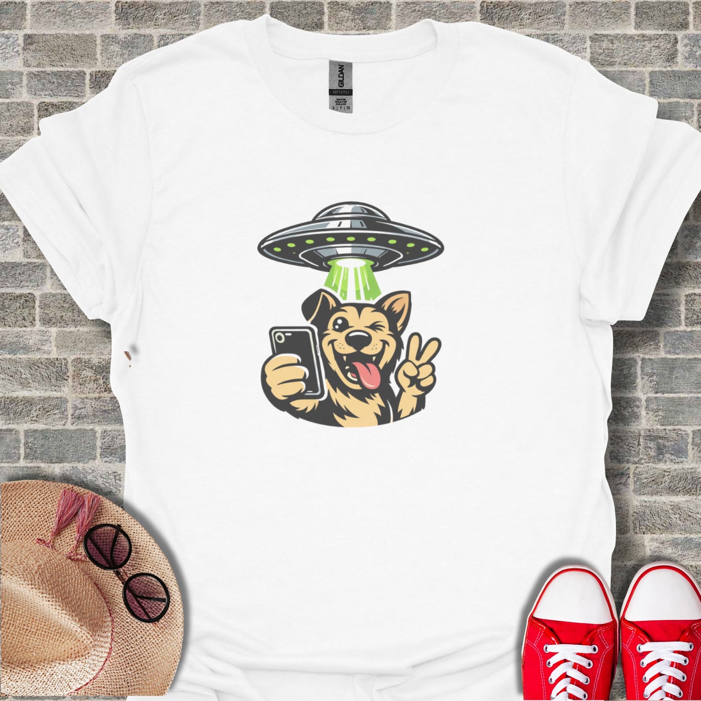 Dog With UFO Peace Sign Selfie Graphic Shirt