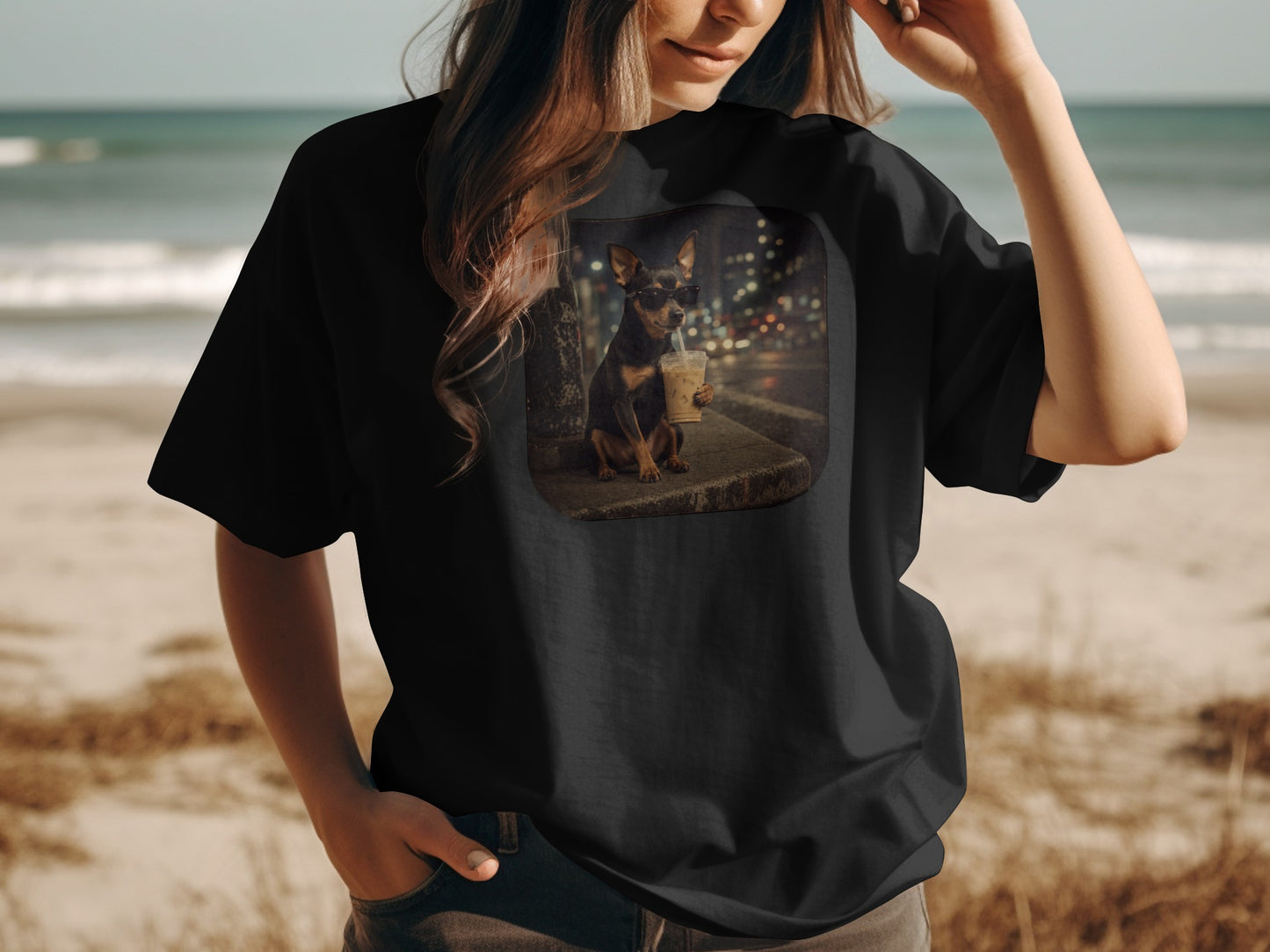 Black t-shirt with a graphic of a dog wearing sunglasses holding a drink.