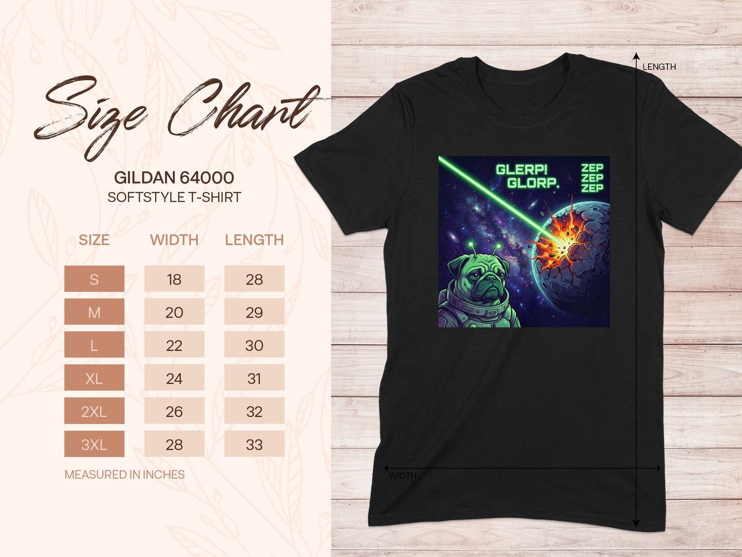 Gildan 64000 softstyle t-shirt size chart with measurements.