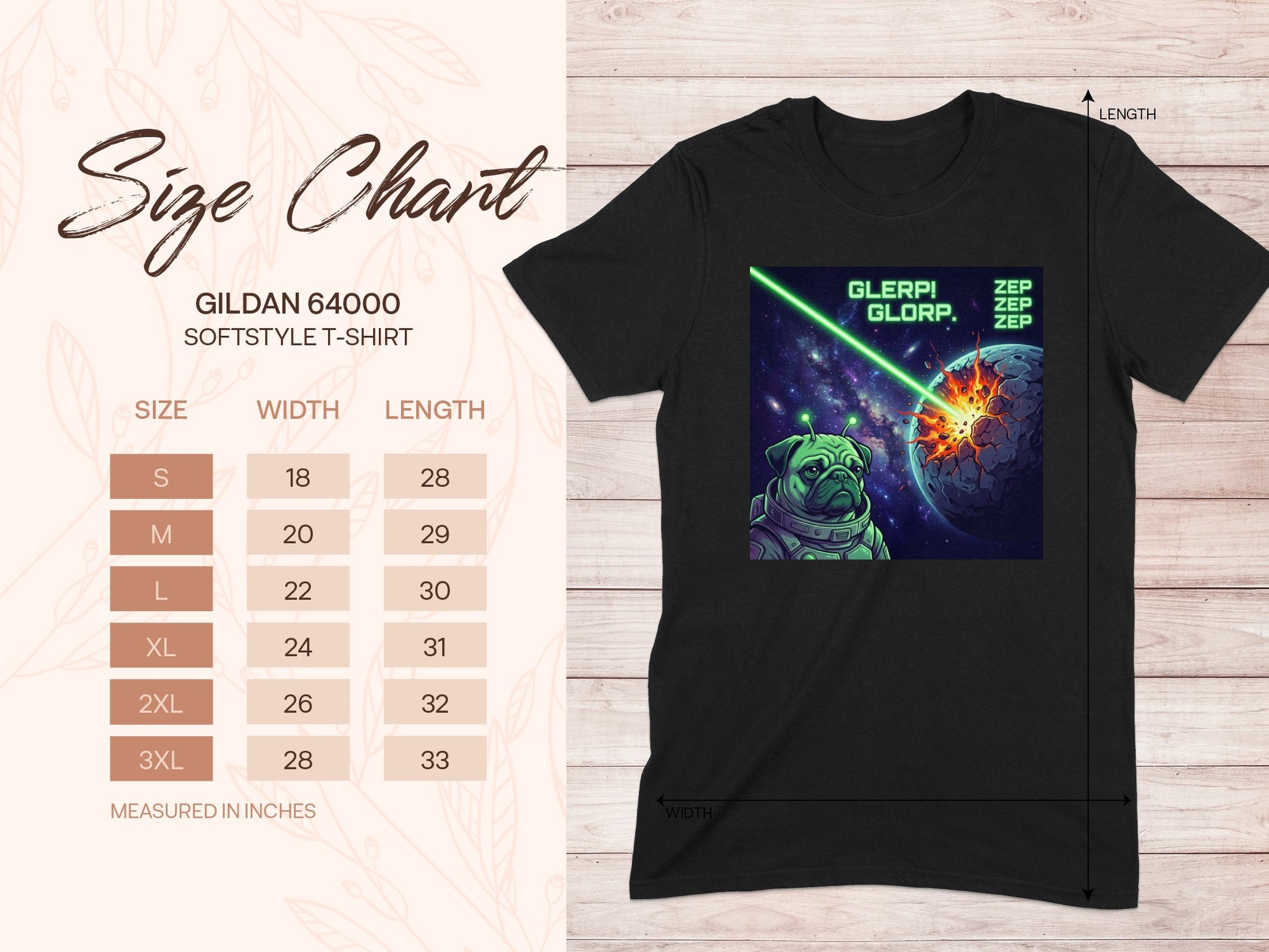 Gildan 64000 softstyle t-shirt size chart with measurements.