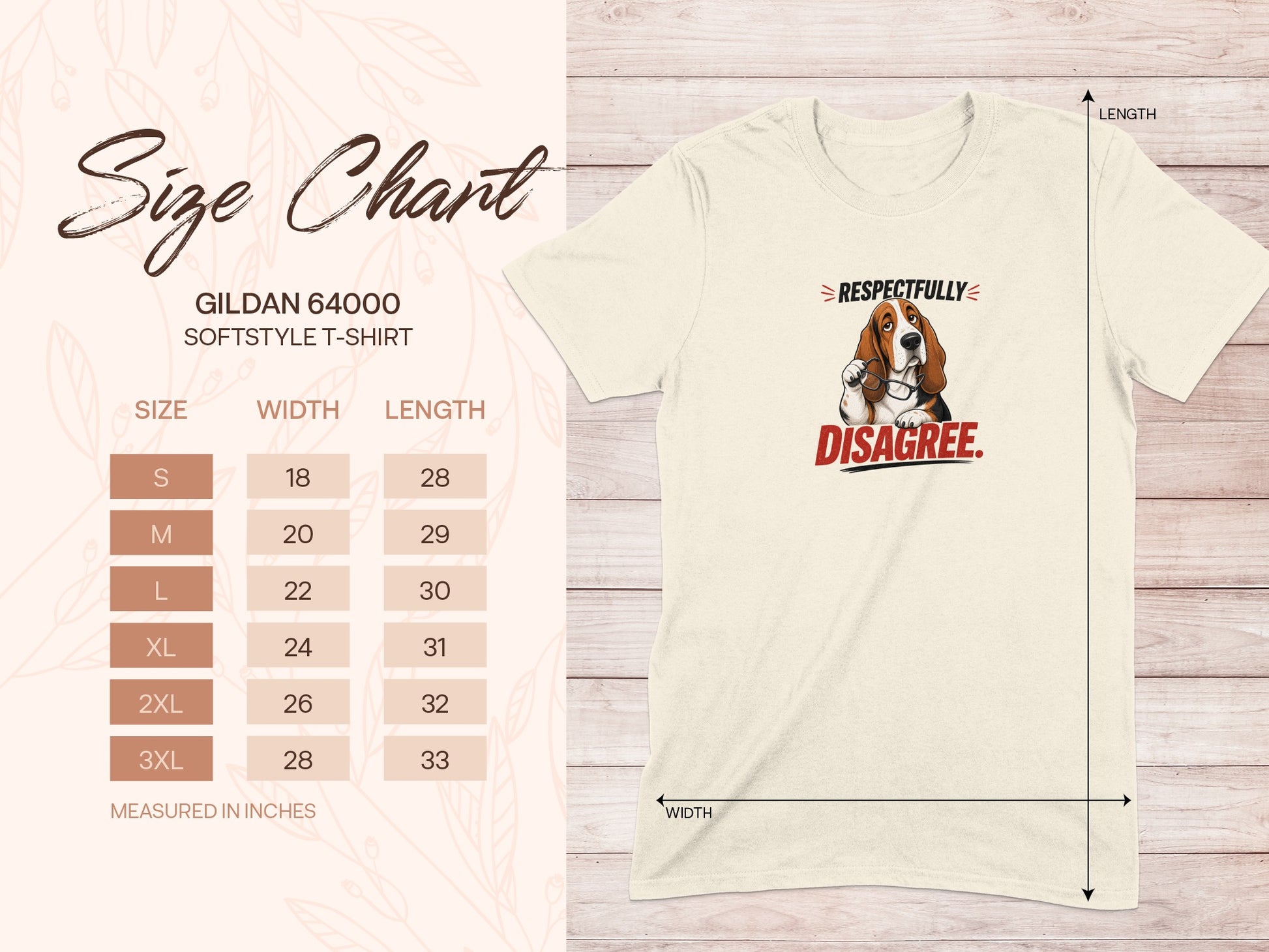 Gildan 64000 Softstyle T-Shirt size chart with humor graphic.