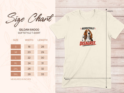 Gildan 64000 Softstyle T-Shirt size chart with humor graphic.