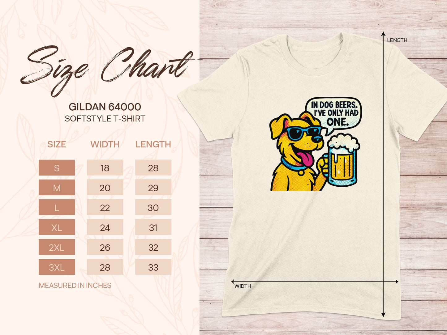 Gildan 64000 size chart for softstyle t-shirts with dog graphic.
