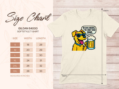 Gildan 64000 size chart for softstyle t-shirts with dog graphic.