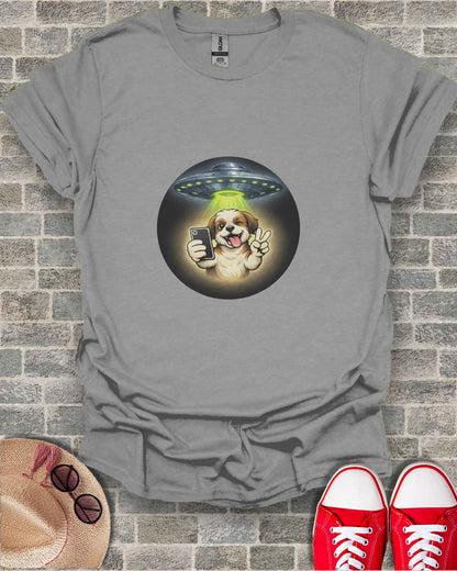 Alien Spaceship Abduction Dog Selfie T-Shirt