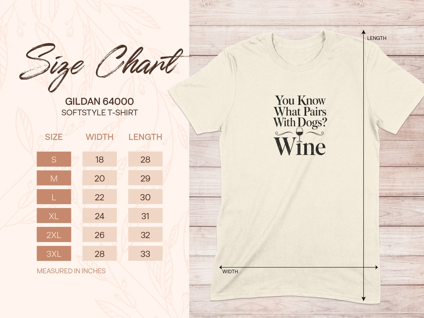 Gildan 64000 Softstyle t-shirt size chart with width and length measurements.
