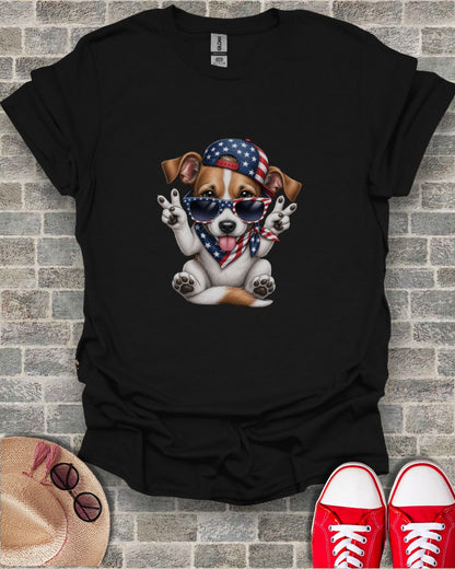 Black t-shirt with a cartoon dog wearing sunglasses and a bandana, giving peace signs.
