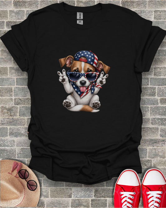 Black t-shirt with a cartoon dog wearing sunglasses and a bandana, giving peace signs.