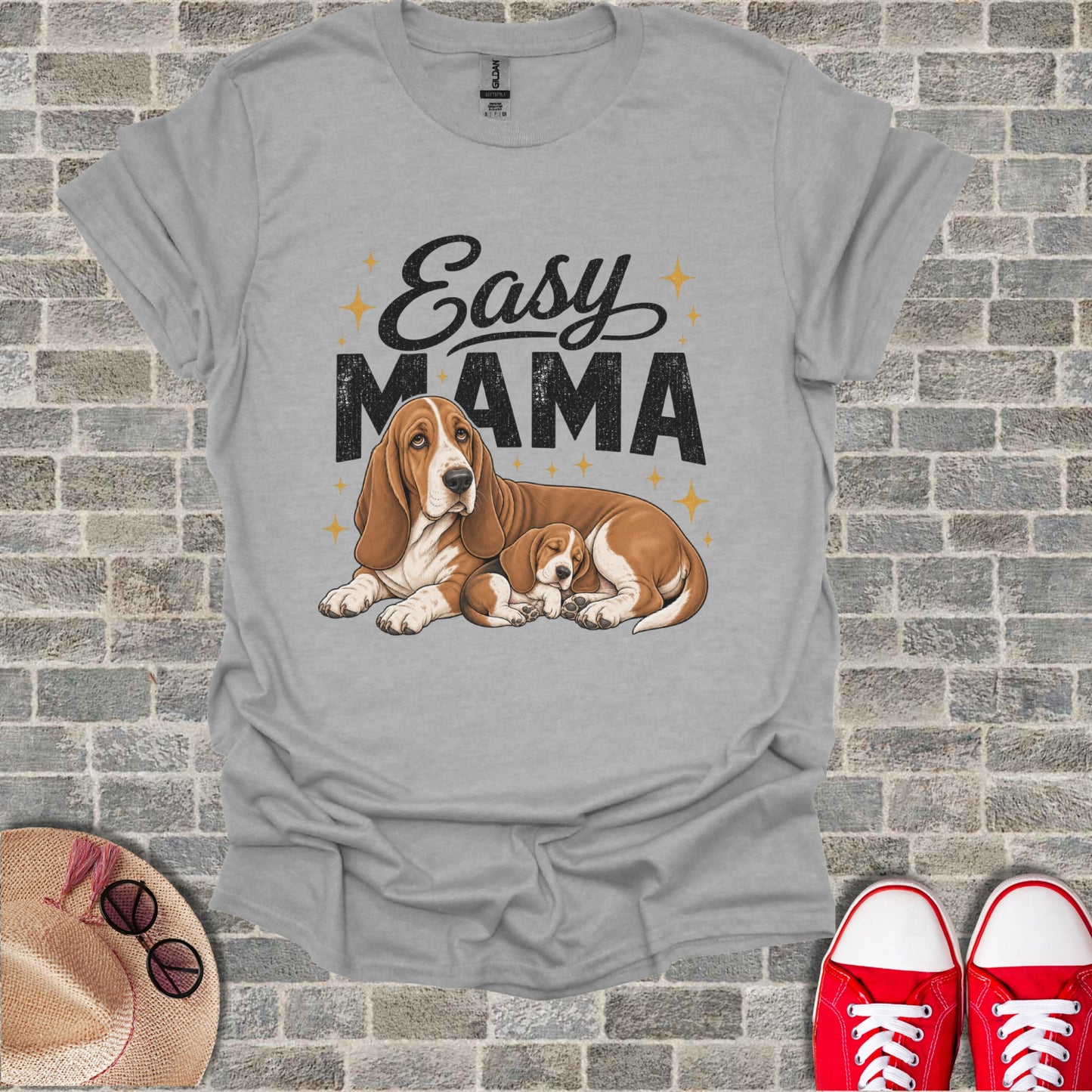 Grey t-shirt with "Easy MAMA" and two basset hounds.