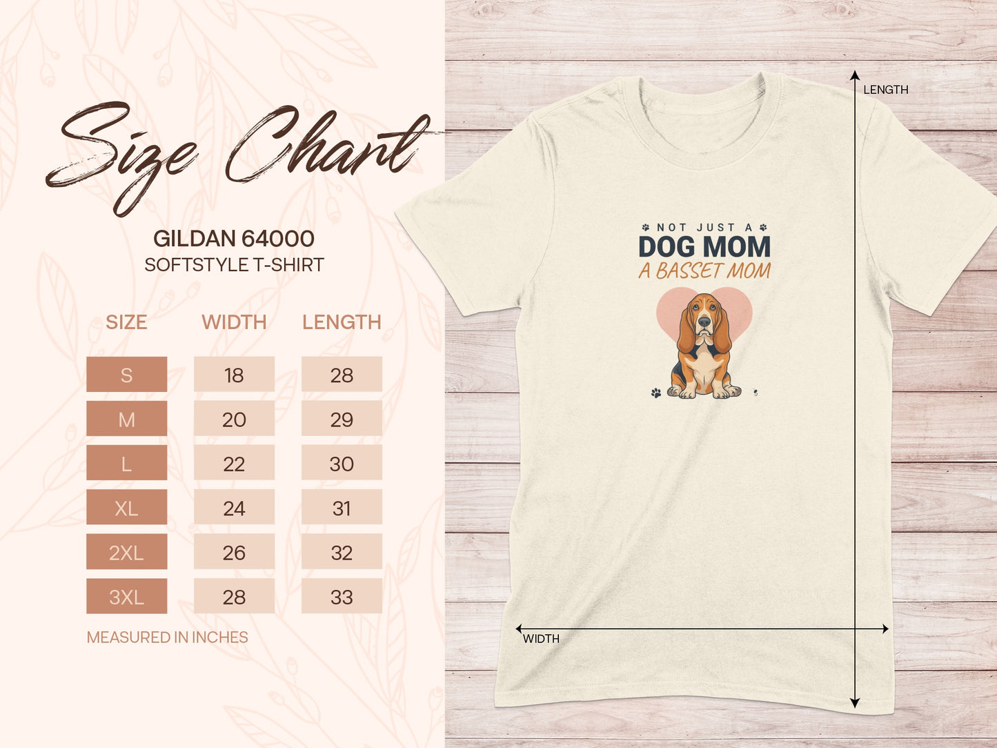 Gildan 64000 size chart for softstyle t-shirts with Basset Hound graphics.