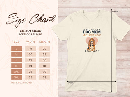 Gildan 64000 size chart for softstyle t-shirts with Basset Hound graphics.