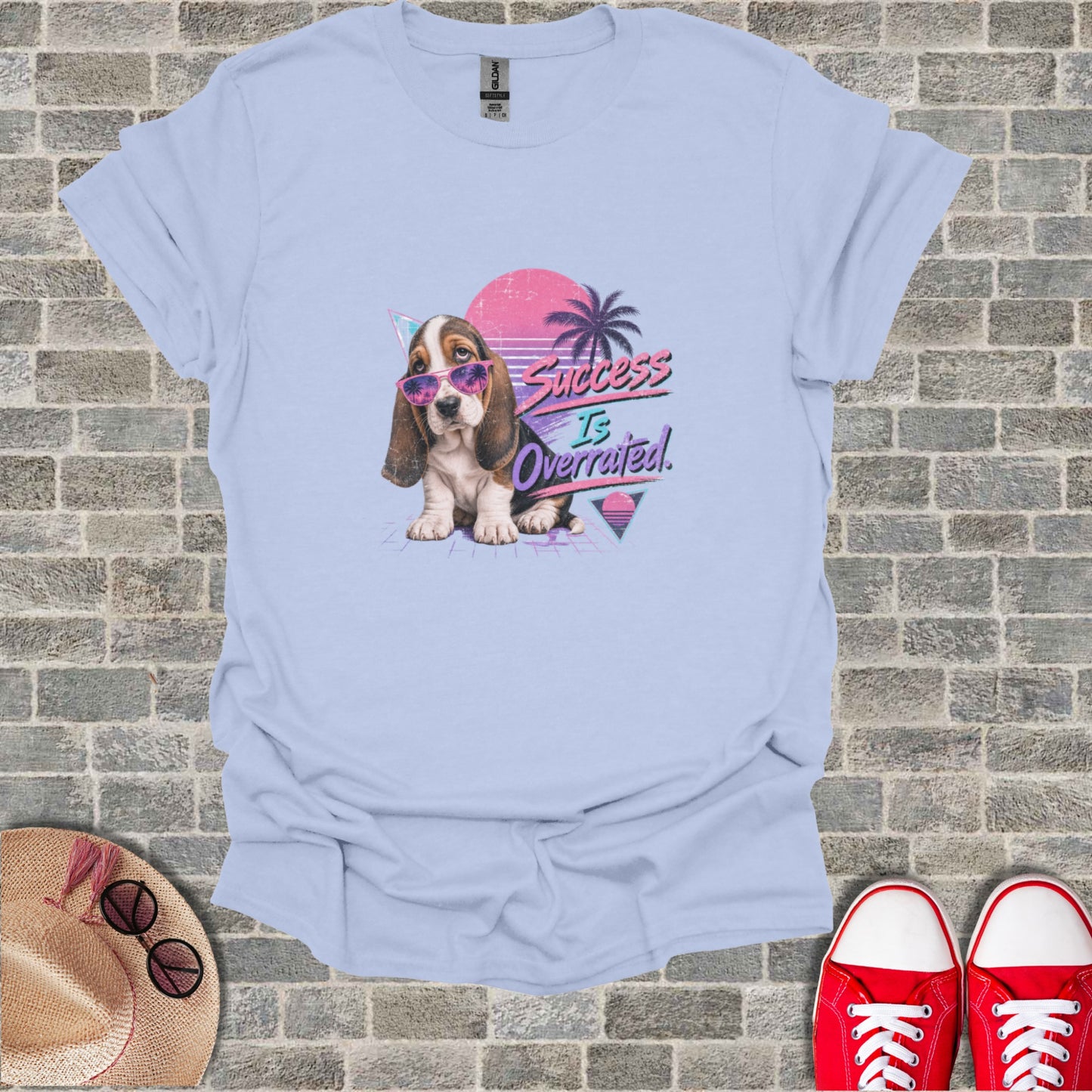 Basset hound in sunglasses with "Success Is Overrated" text.