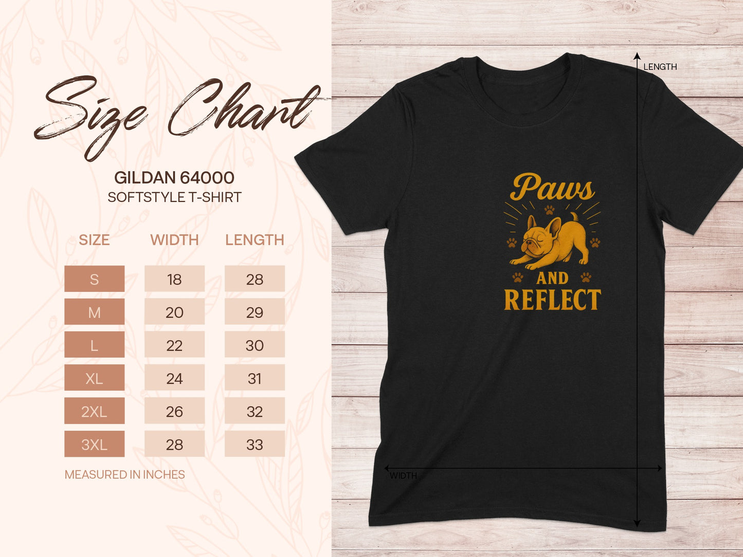 Gildan 64000 t-shirt size chart with French bulldog graphic.