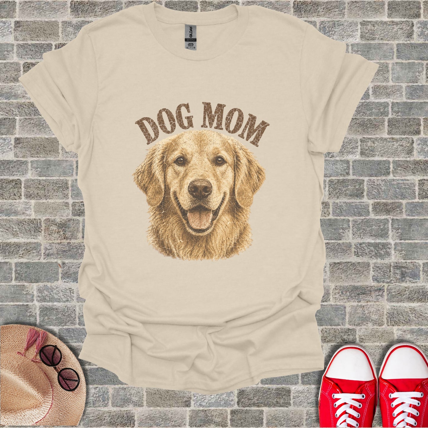 T-shirt with smiling golden retriever face and "DOG MOM" text across the top.