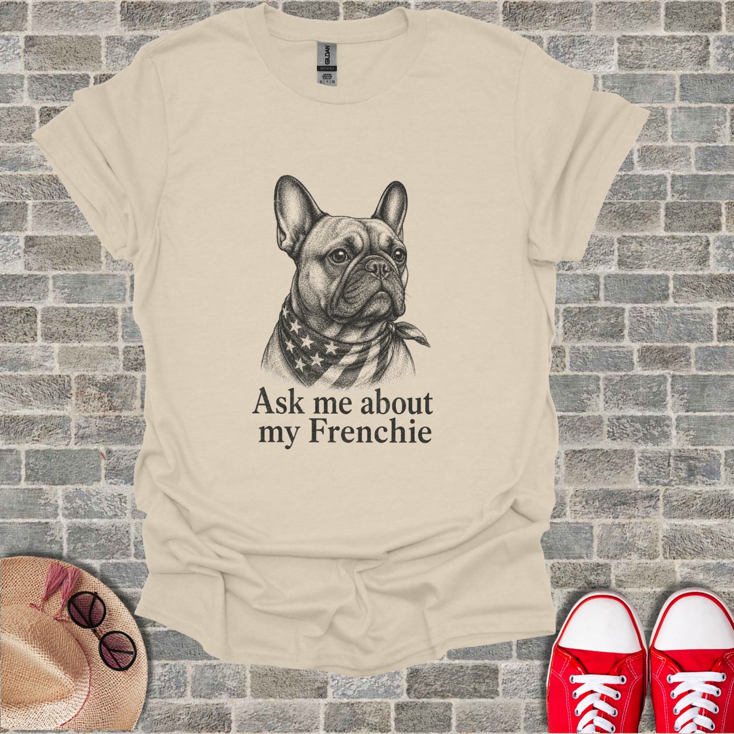 Cream t-shirt with French bulldog graphic and text "Ask me about my Frenchie."