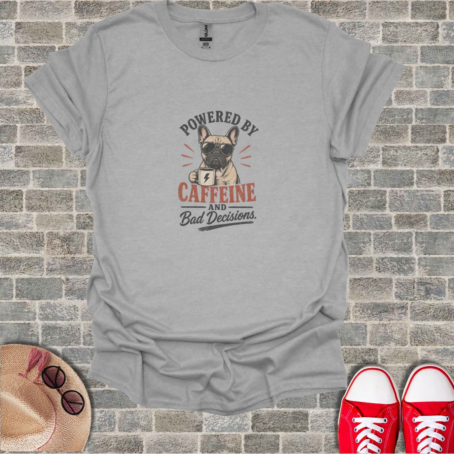 Grey t-shirt with "Powered by Caffeine and Bad Decisions" text and a French bulldog graphic.