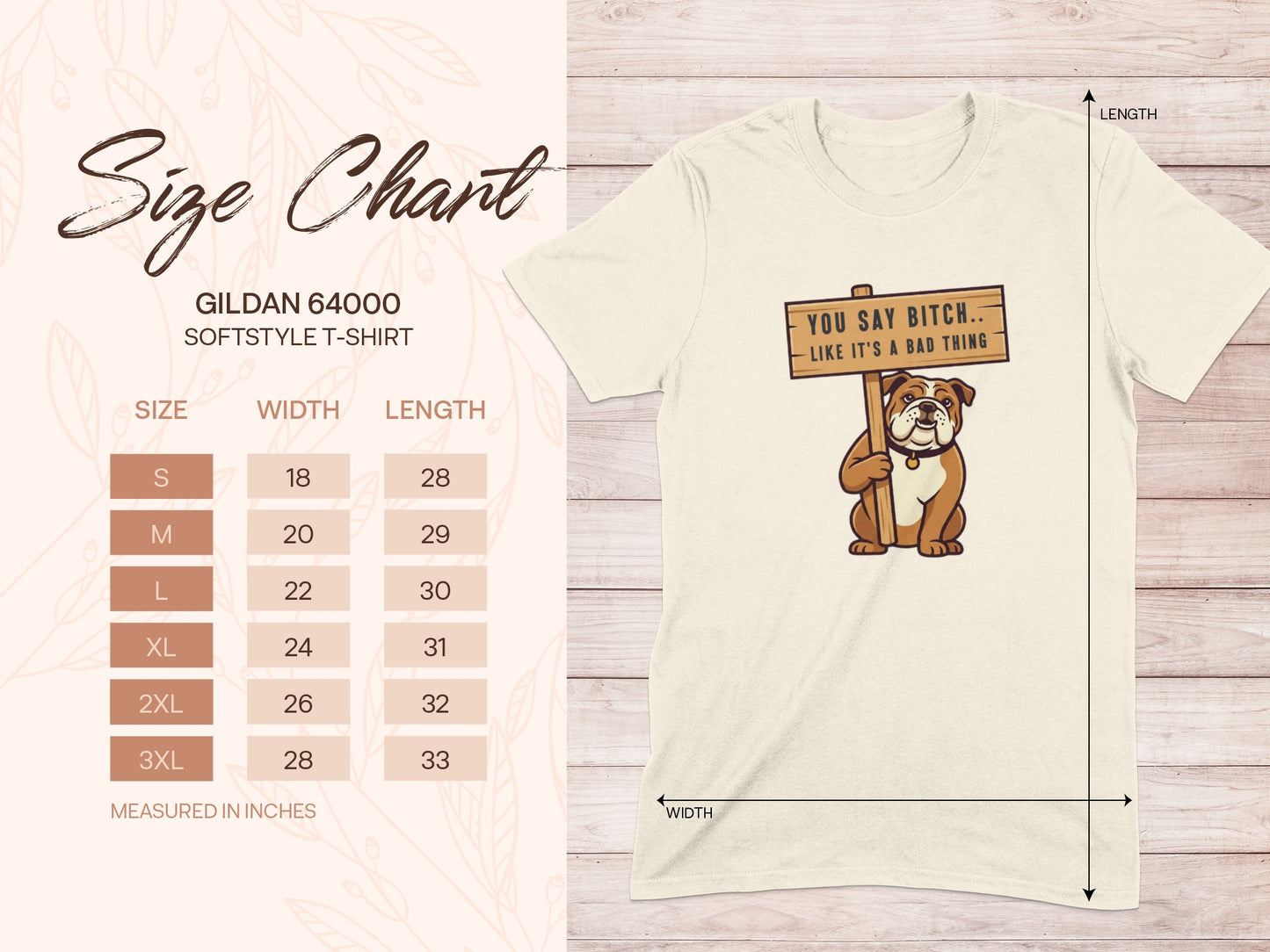 Gildan 64000 size chart for softstyle t-shirt with bulldog graphic.