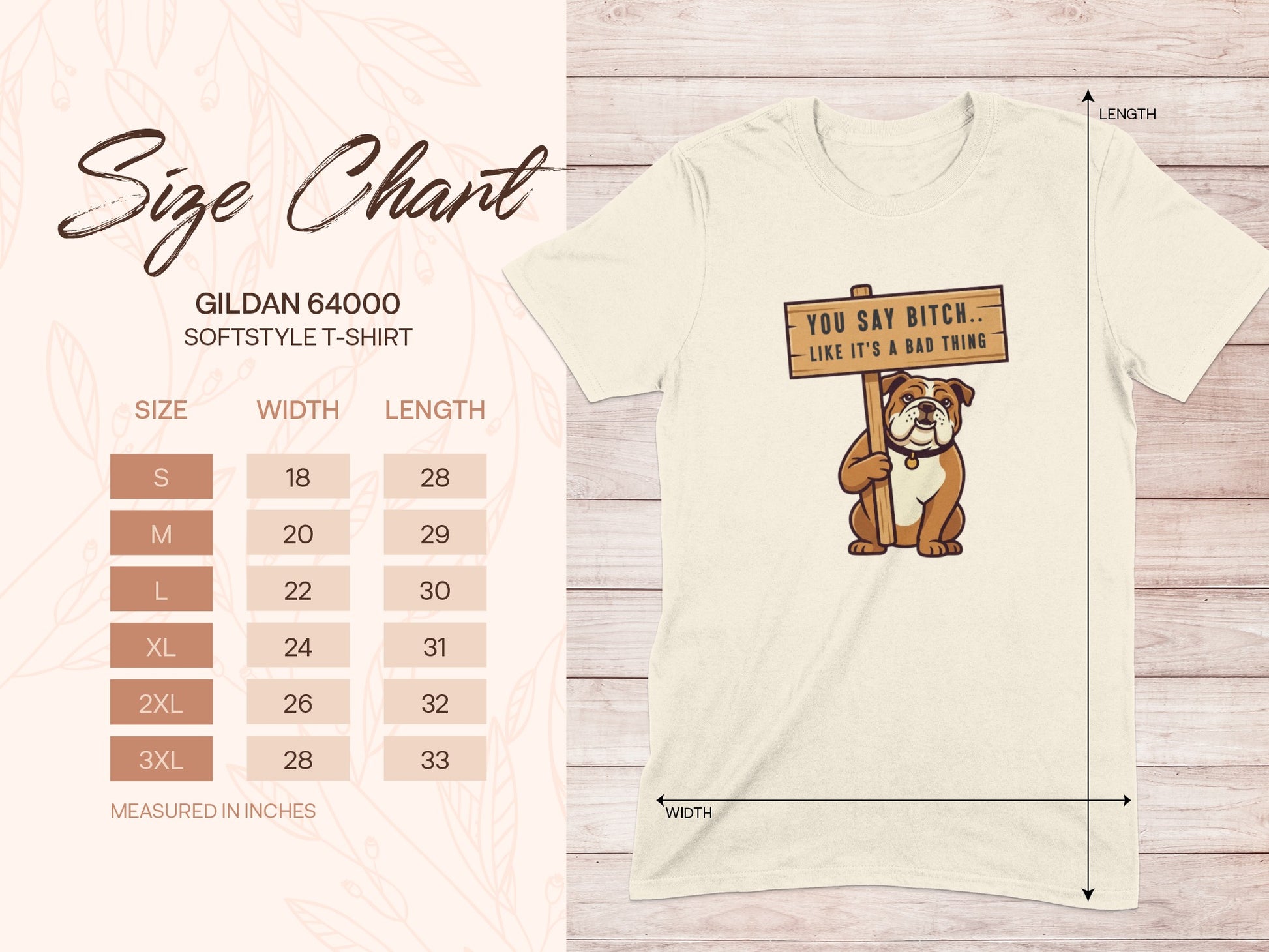 Gildan 64000 size chart for softstyle t-shirt with bulldog graphic.