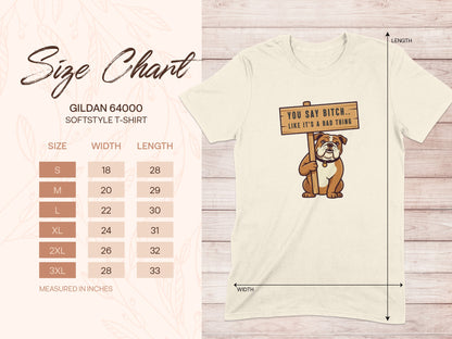 Gildan 64000 size chart for softstyle t-shirt with bulldog graphic.