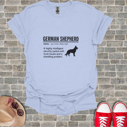 Light blue t-shirt with "German Shepherd" text and a humorous description.