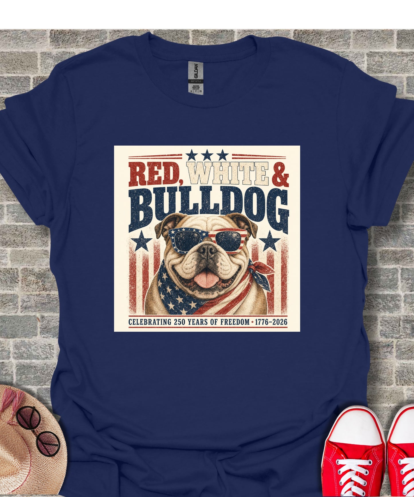 Bulldog wearing sunglasses with "RED, WHITE & BULLDOG" text.