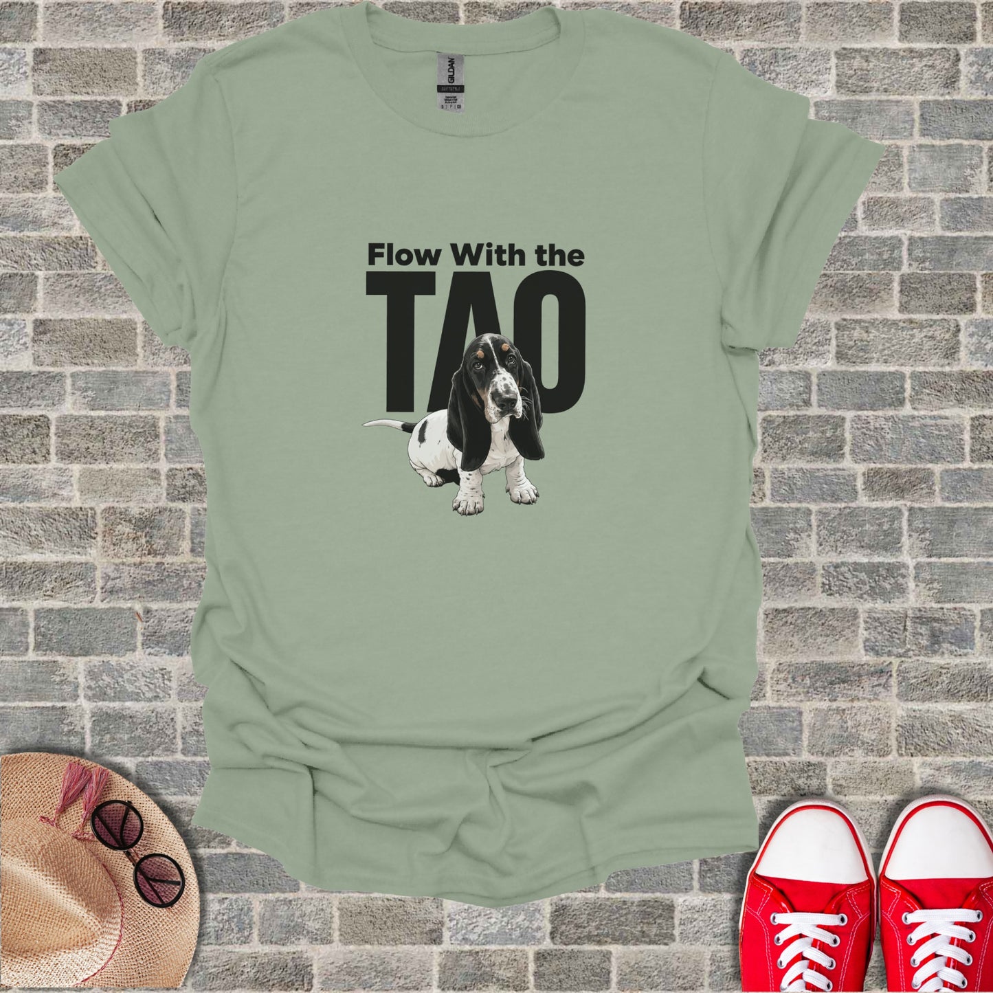 T-shirt with Basset Hound and "Flow With The TAO" text.