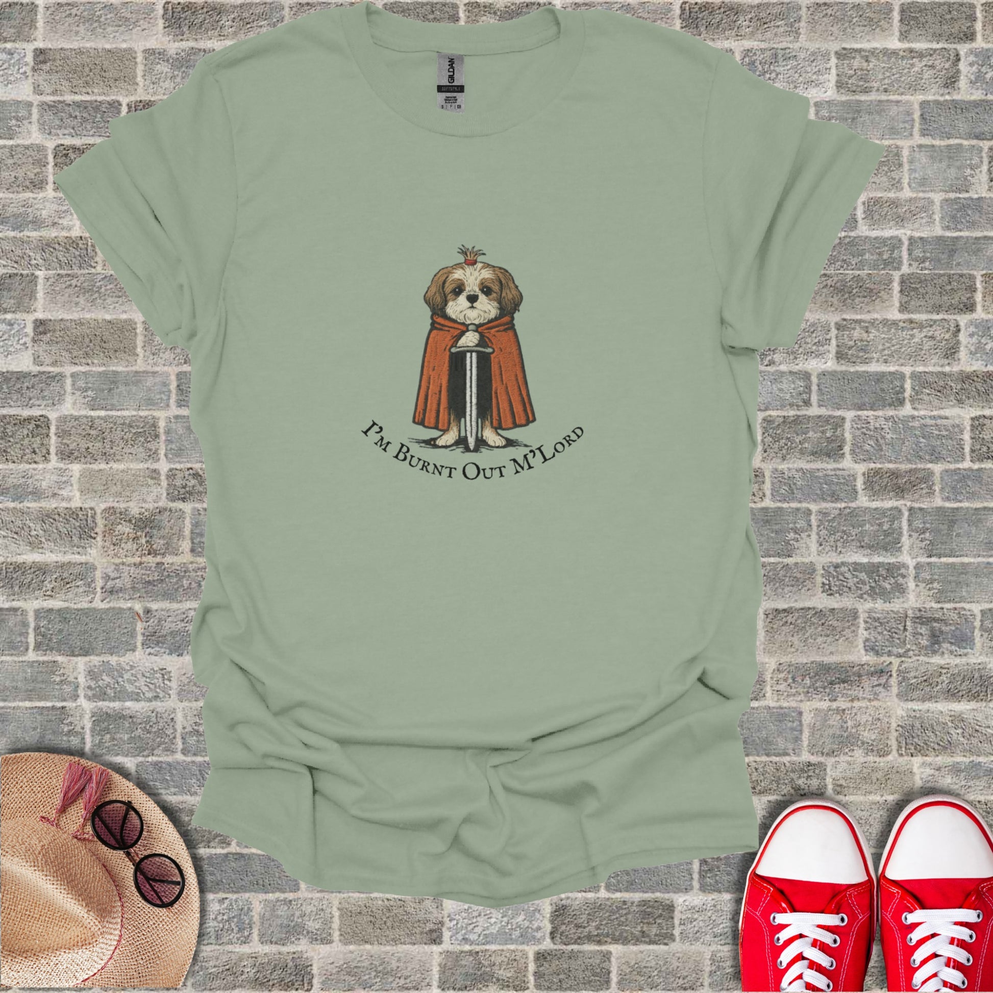 T-shirt with a dog wearing a cape and the text "I'm Burnt Out M'Lord".