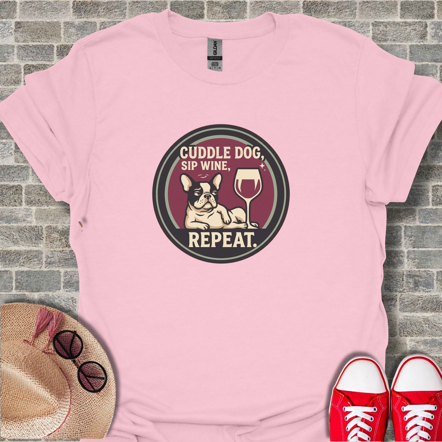 Cuddle Dog Sip Wine Repeat Graphic T-Shirt