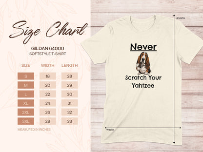 Gildan 64000 t-shirt size chart with graphic of a beagle wearing glasses.