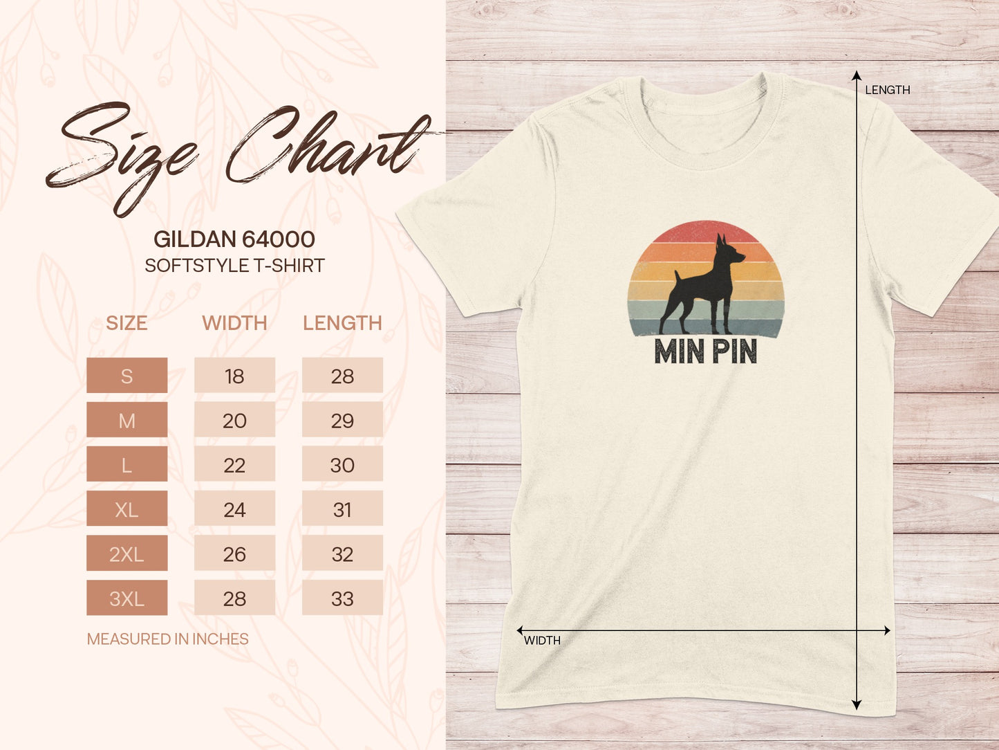 Gildan 64000 Softstyle t-shirt size chart with "Min Pin" graphic.