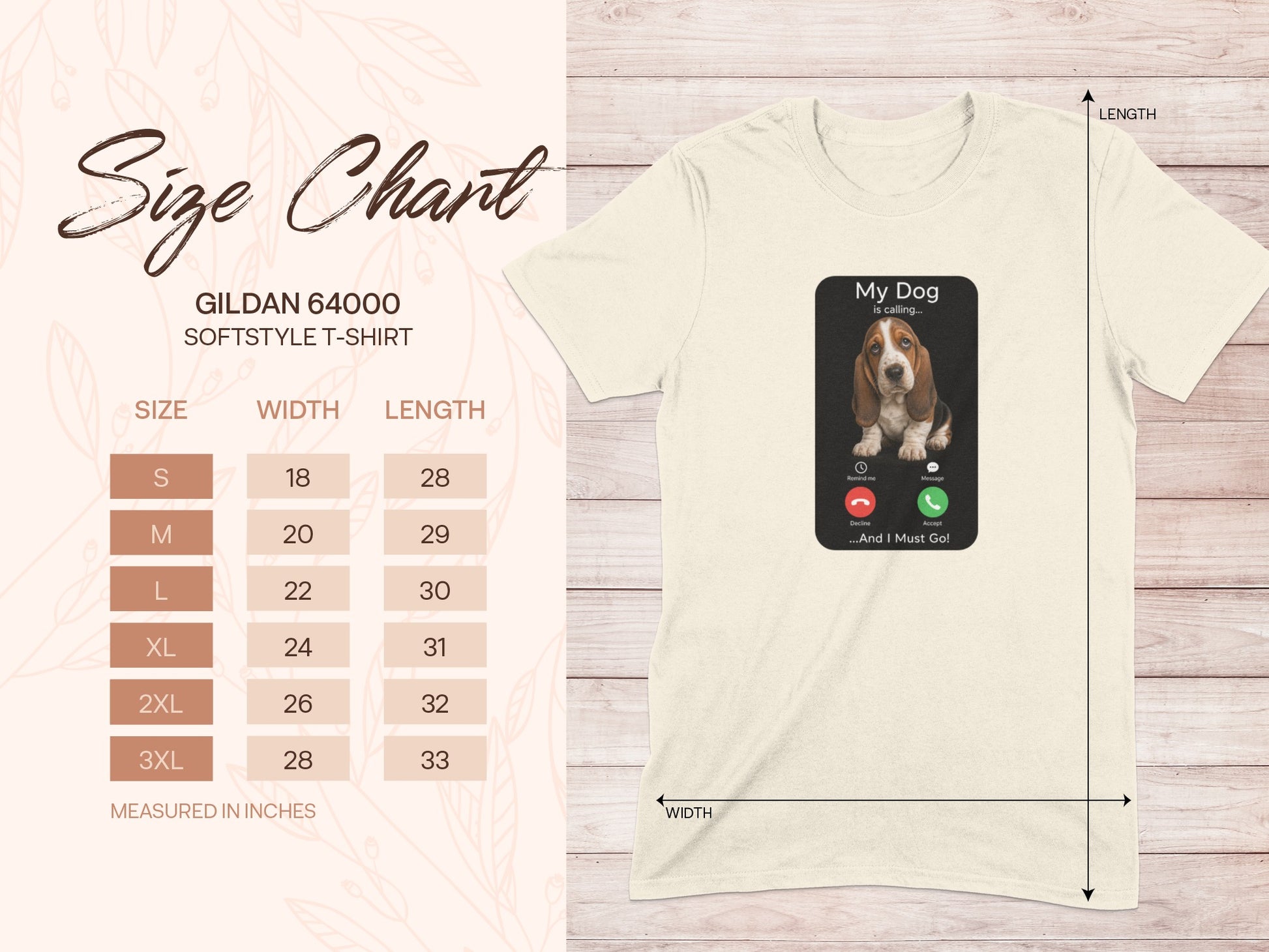 Gildan 64000 t-shirt size chart with phone screen graphic.