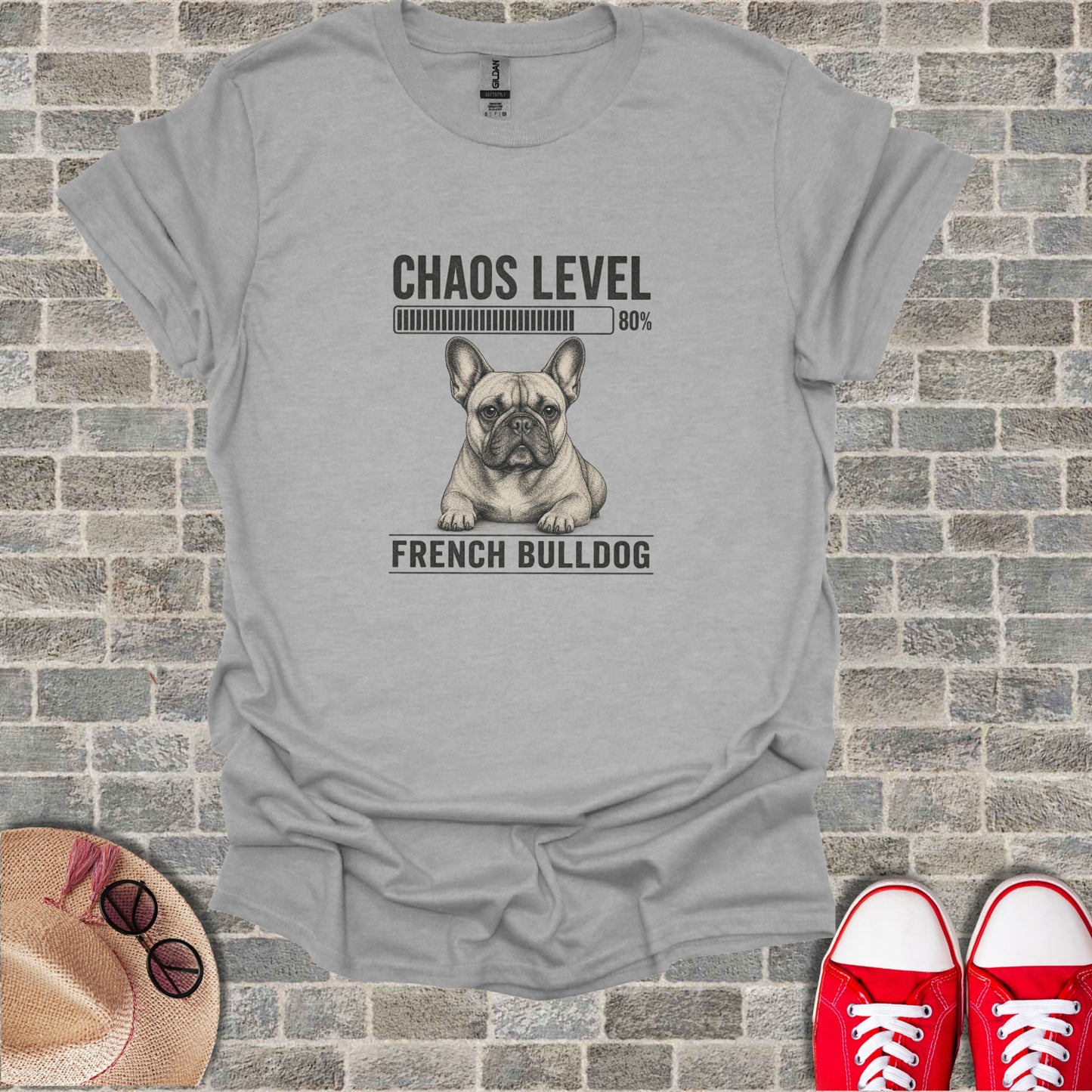 Grey t-shirt with a French Bulldog graphic and "Chaos Level 80%" text.
