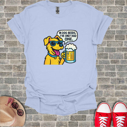 Cartoon dog wearing sunglasses holds a beer mug with text "IN DOG BEERS. I'VE ONLY HAD ONE."