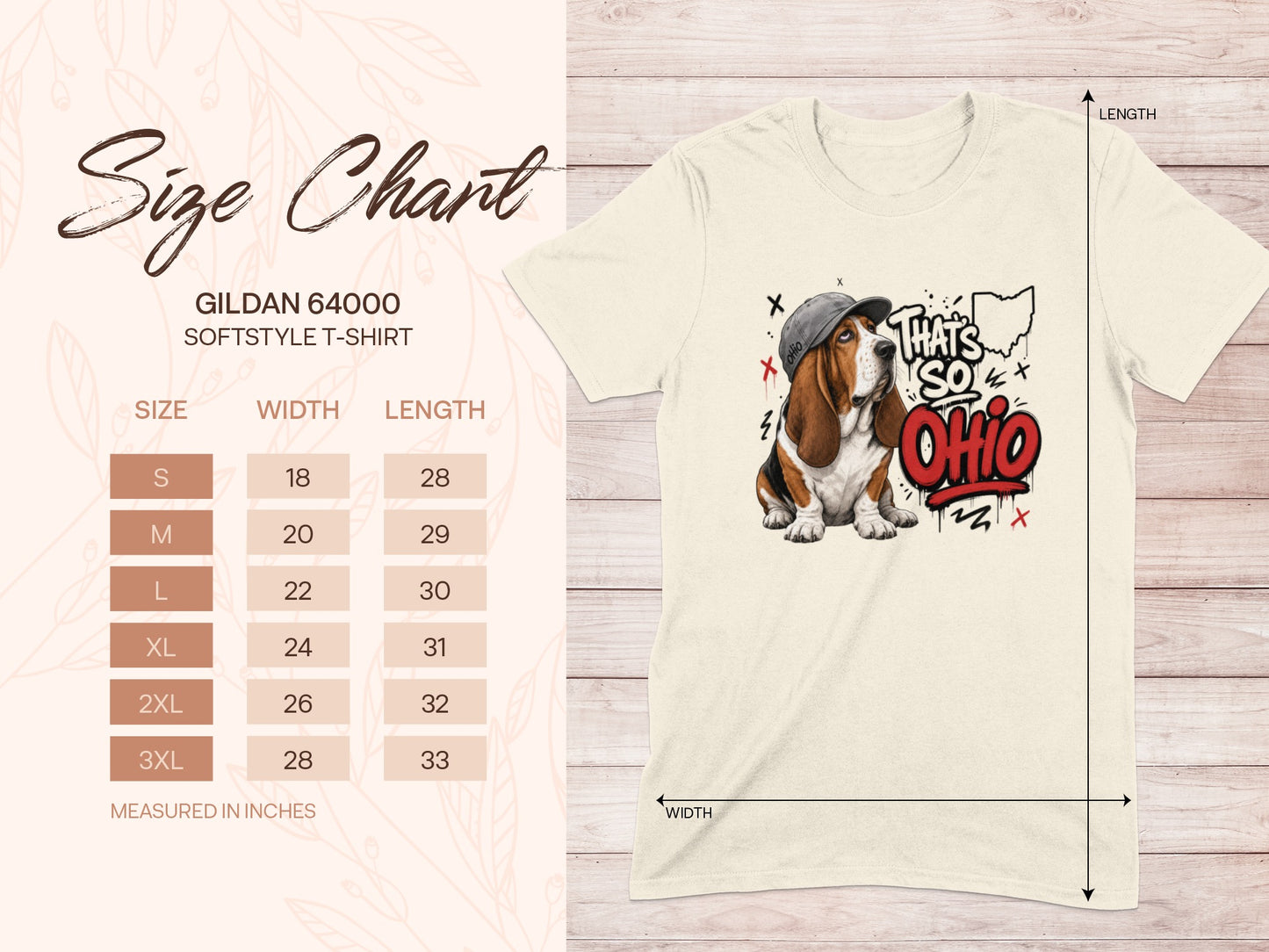 Gildan 64000 Softstyle t-shirt size chart with dog graphic and "That's So Ohio" text.