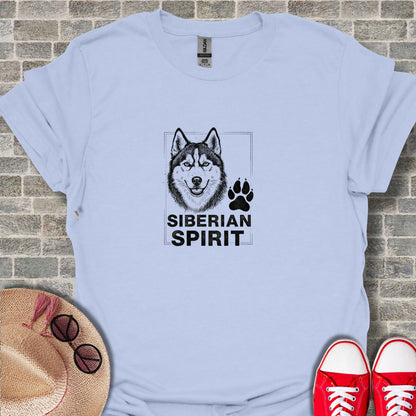 Light blue t-shirt with black Siberian Husky and paw print graphic.