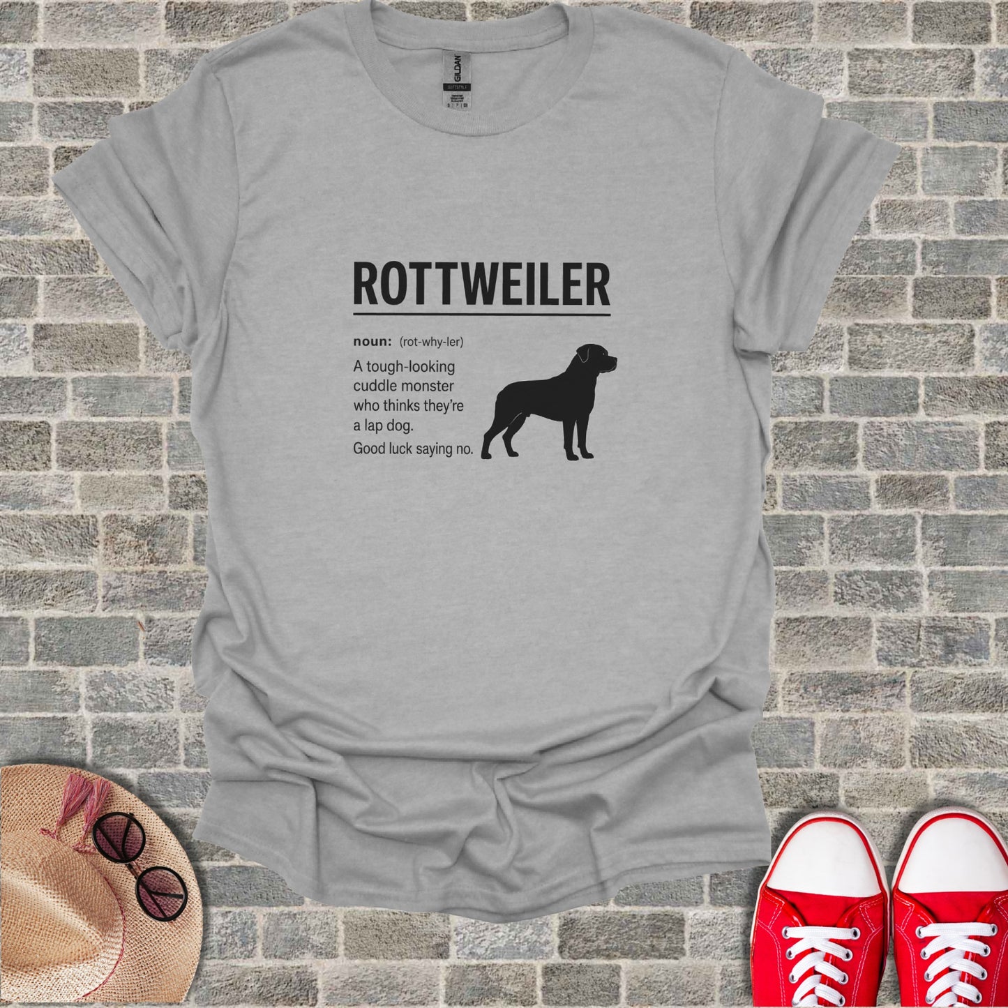 Gildan Softstyle grey t-shirt with "Rottweiler" text and dog silhouette.