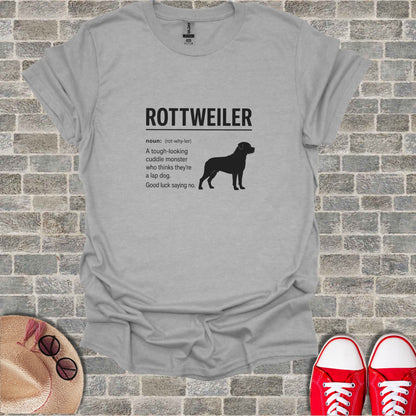 Gildan Softstyle grey t-shirt with "Rottweiler" text and dog silhouette.