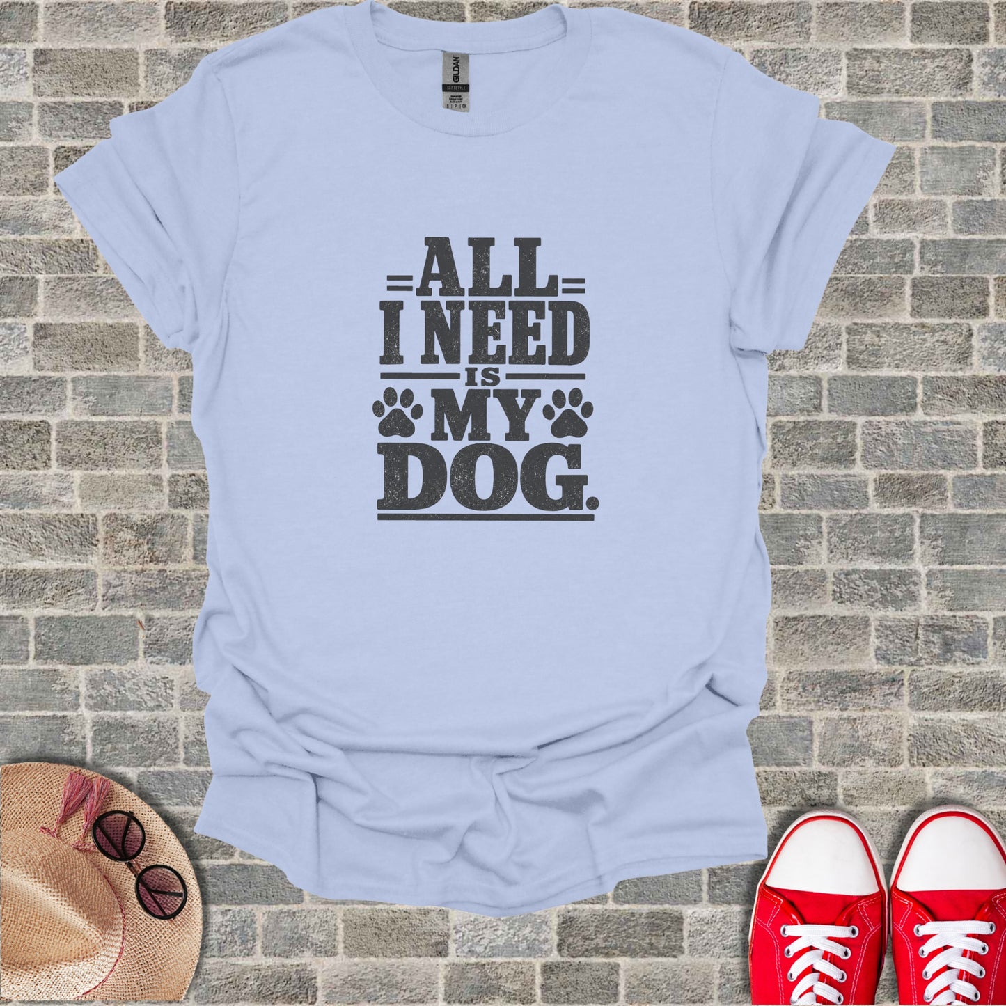 Light blue t-shirt with "All I Need Is My Dog" text and paw prints.