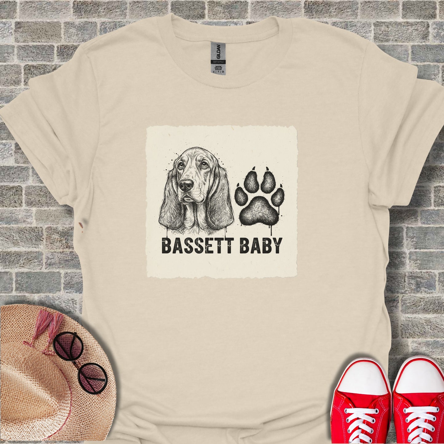Bassett Baby Graphic Paw Print Design T-Shirt