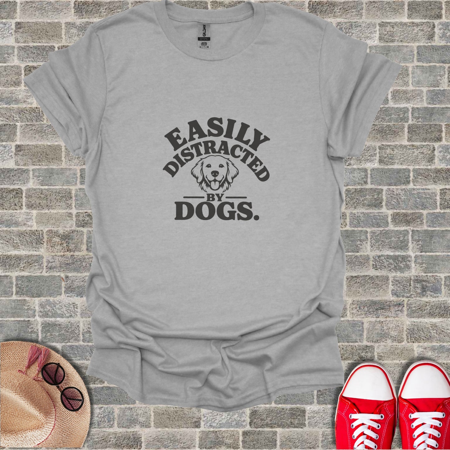 Gray t-shirt with "Easily Distracted By Dogs" text and dog silhouette.