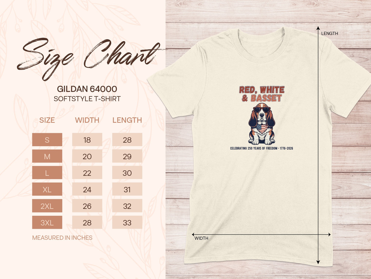 Gildan 64000 softstyle t-shirt size chart with dog graphic.