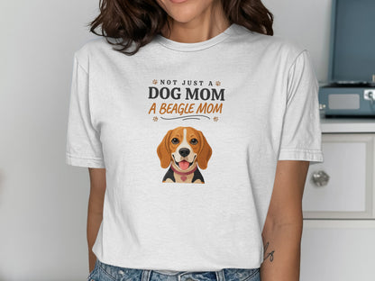 White t-shirt with beagle graphic and text "NOT JUST A DOG MOM A BEAGLE MOM".